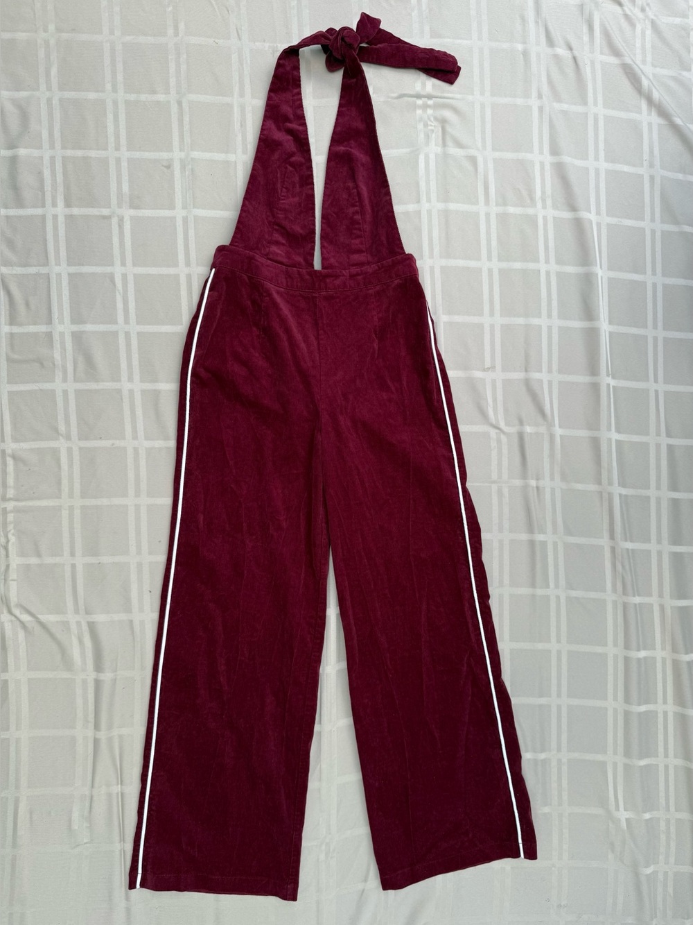 Forever 21 Burgundy Halter Wide-Leg Jumpsuit with White Side Stripes
